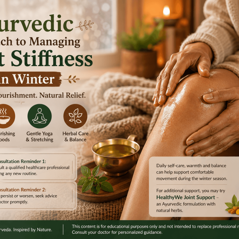Close-up of hands gently massaging warm oil into a knee beside a brass bowl of oil and a soft blanket in a cosy indoor setting, illustrating an Ayurvedic self-care routine for managing joint stiffness during winter.
