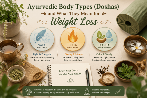 Flat lay featuring symbols for the three Ayurvedic doshas—Vata (feather), Pitta (flame), and Kapha (earth and water)—arranged around a yoga mat and wellness journal in warm earthy tones, illustrating personalized Ayurvedic body types and their role in weight management.