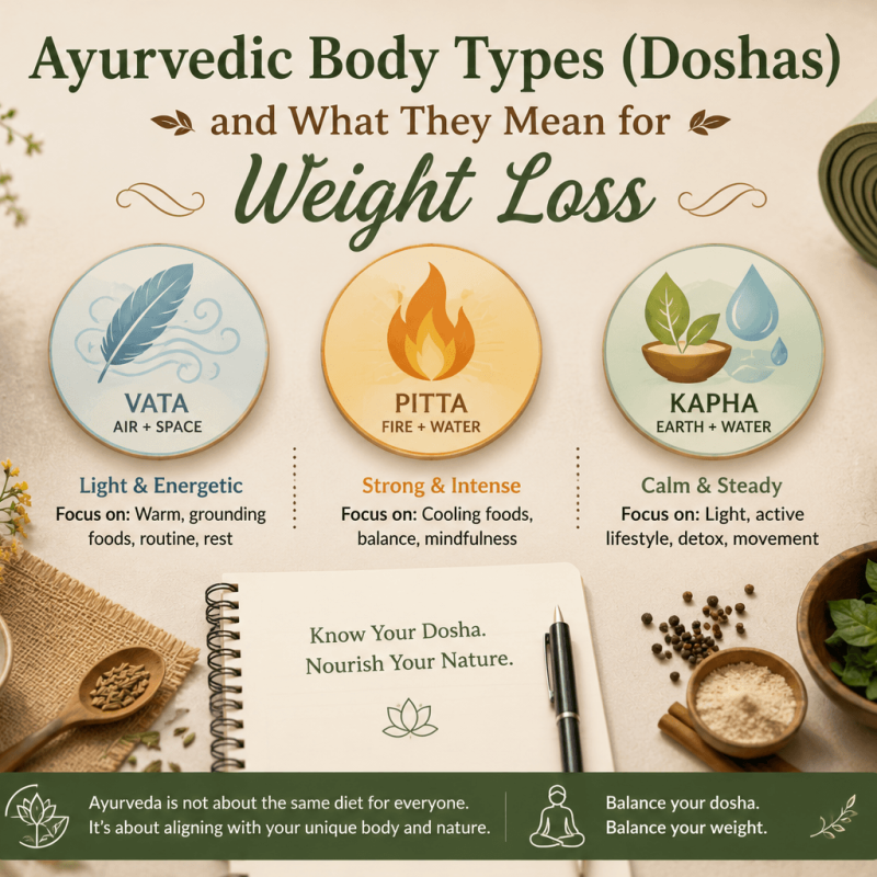 Flat lay featuring symbols for the three Ayurvedic doshas—Vata (feather), Pitta (flame), and Kapha (earth and water)—arranged around a yoga mat and wellness journal in warm earthy tones, illustrating personalized Ayurvedic body types and their role in weight management.