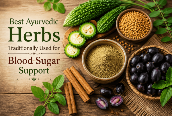 Flat lay of bitter gourd, fenugreek seeds, jamun fruits, cinnamon sticks, and a bowl of Ayurvedic herbal powder on a rustic wooden surface, representing traditional herbs for blood sugar support.