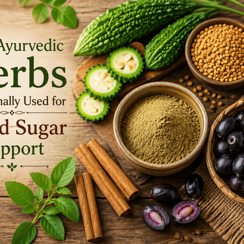 Flat lay of bitter gourd, fenugreek seeds, jamun fruits, cinnamon sticks, and a bowl of Ayurvedic herbal powder on a rustic wooden surface, representing traditional herbs for blood sugar support.