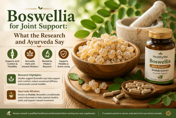 Wooden bowl filled with Boswellia (Shallaki) resin beside herbal capsules, a mortar and pestle, and green leaves in warm natural daylight, illustrating the traditional Ayurvedic ingredient and its use in modern joint support supplements.