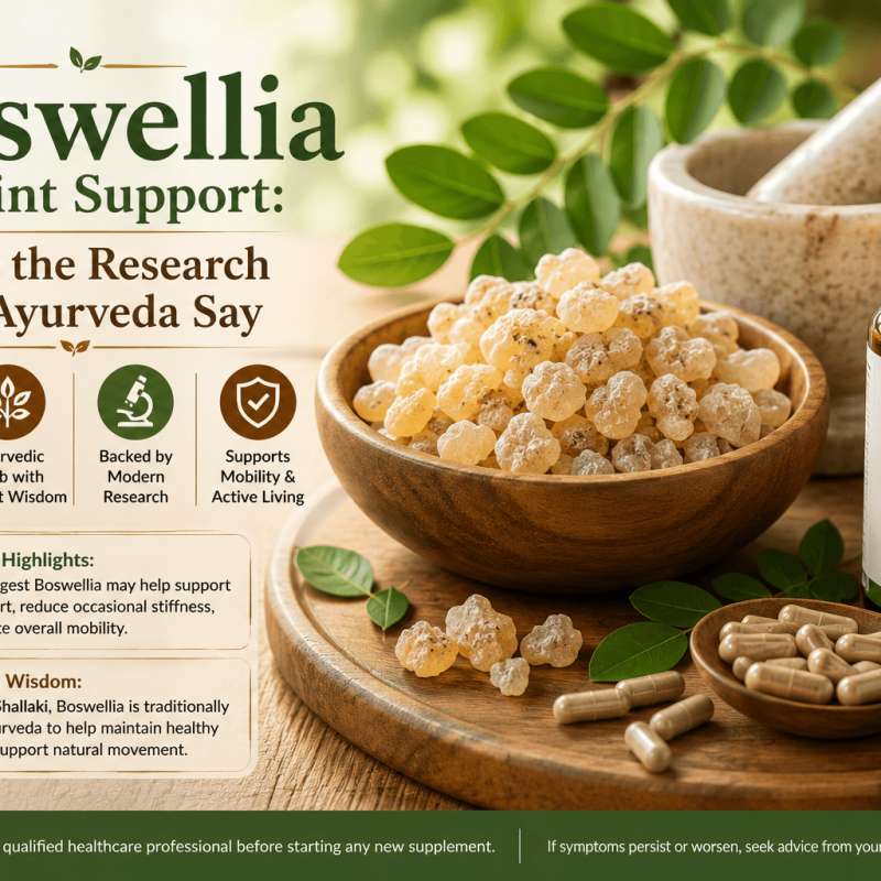 Wooden bowl filled with Boswellia (Shallaki) resin beside herbal capsules, a mortar and pestle, and green leaves in warm natural daylight, illustrating the traditional Ayurvedic ingredient and its use in modern joint support supplements.