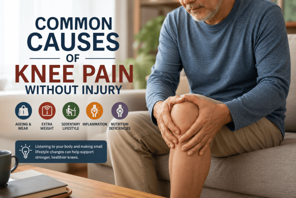 Close-up of a middle-aged person seated on a sofa, gently holding their knee in a warm home setting, representing common non-injury-related causes of knee pain such as aging, overuse, and lifestyle factors.