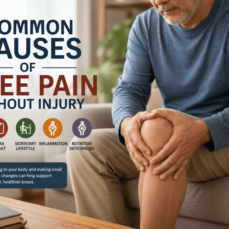 Close-up of a middle-aged person seated on a sofa, gently holding their knee in a warm home setting, representing common non-injury-related causes of knee pain such as aging, overuse, and lifestyle factors.