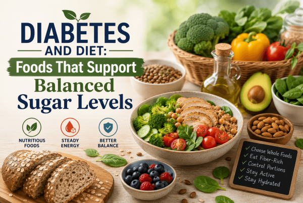 Healthy meal with leafy greens, broccoli, whole grains, legumes, avocado, almonds, berries, olive oil, and lean protein, illustrating diabetes-friendly foods that support balanced blood sugar levels.