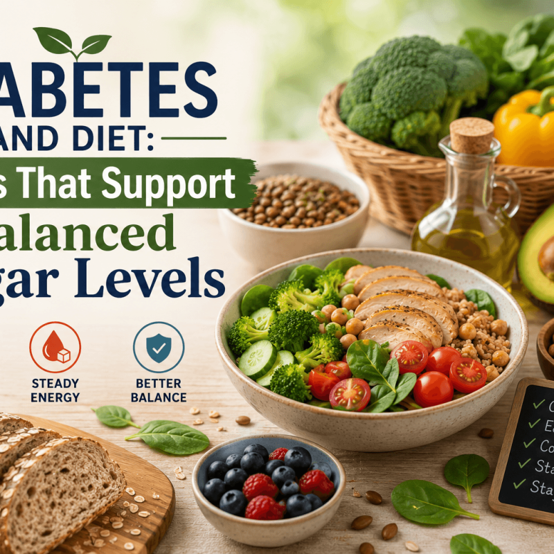Healthy meal with leafy greens, broccoli, whole grains, legumes, avocado, almonds, berries, olive oil, and lean protein, illustrating diabetes-friendly foods that support balanced blood sugar levels.