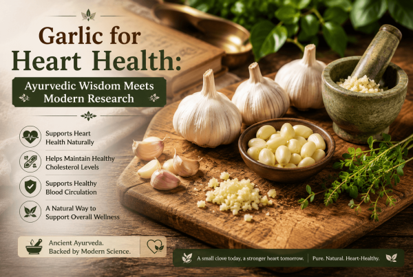 Close-up flat lay of fresh garlic bulbs, crushed garlic cloves, a wooden mortar and pestle, and fresh herbs on a rustic wooden cutting board in soft natural light, illustrating the traditional Ayurvedic use of garlic for heart health.