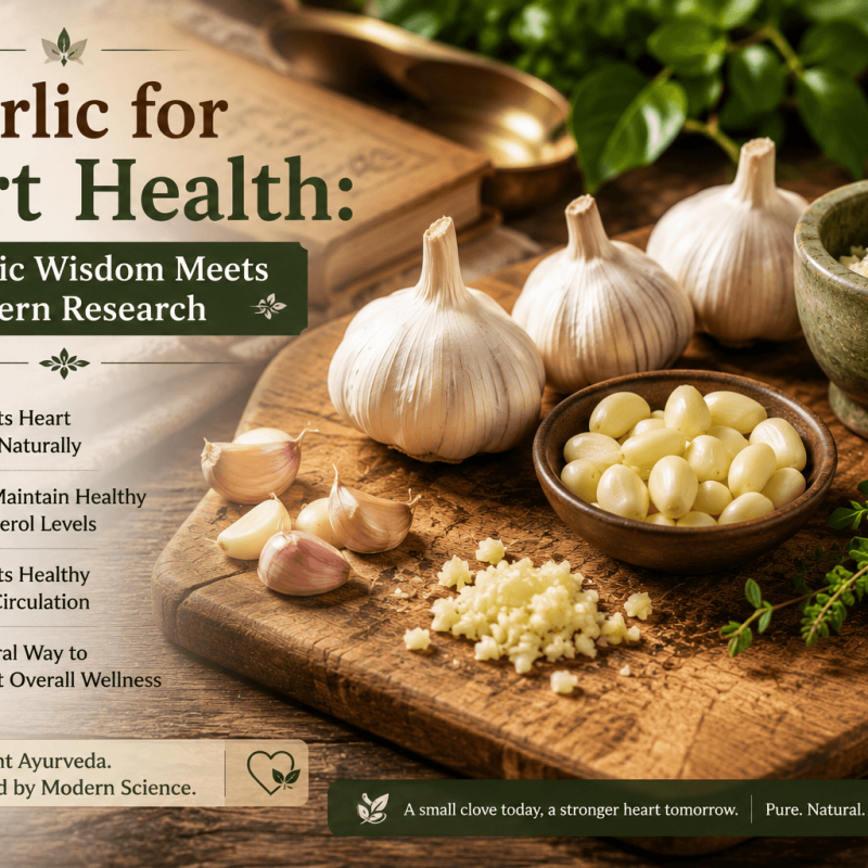 Close-up flat lay of fresh garlic bulbs, crushed garlic cloves, a wooden mortar and pestle, and fresh herbs on a rustic wooden cutting board in soft natural light, illustrating the traditional Ayurvedic use of garlic for heart health.