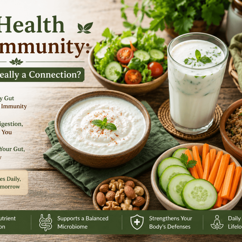Flat lay of gut-friendly foods including curd, buttermilk (chaas), fresh vegetables, whole grains, fruits, and nuts arranged on a rustic wooden table in natural daylight, illustrating the relationship between gut health and immunity through everyday nutrition.