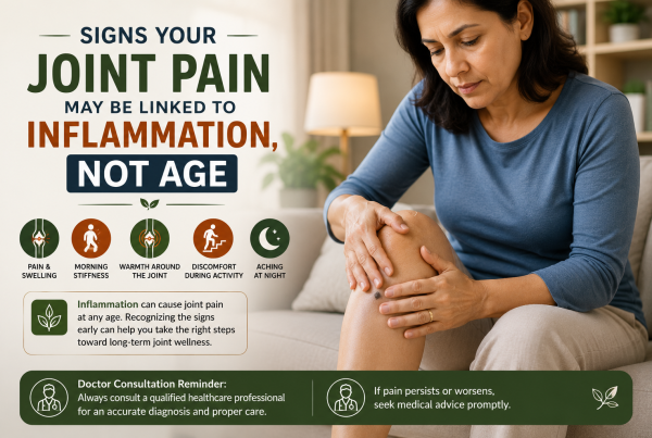 Close-up of a person seated indoors, gently holding and examining their knee with both hands in soft natural light, illustrating mindful self-awareness of possible inflammation-related joint pain rather than age-related discomfort.