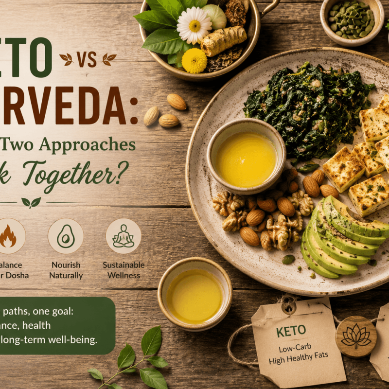 Top-down view of a balanced low-carb vegetarian plate with paneer, sautéed greens, nuts, and a bowl of ghee on a rustic wooden table, representing a comparison of the keto diet and Ayurvedic nutrition for healthy, sustainable weight management.