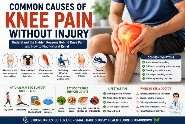 SEO-optimized infographic illustrating common causes of knee pain without injury, including osteoarthritis, weak leg muscles, excess body weight, prolonged sitting, poor posture, and healthy joint care tips such as stretching, low-impact exercise, hydration, and balanced nutrition.