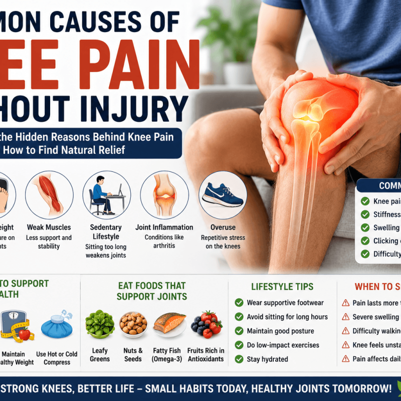 SEO-optimized infographic illustrating common causes of knee pain without injury, including osteoarthritis, weak leg muscles, excess body weight, prolonged sitting, poor posture, and healthy joint care tips such as stretching, low-impact exercise, hydration, and balanced nutrition.