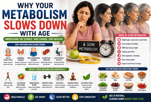 SEO-optimized infographic explaining why metabolism slows down with age, featuring muscle loss, hormonal changes, slower calorie burning, weight gain, fatigue, healthy foods, strength training, hydration, quality sleep, stress management, and lifestyle tips for maintaining metabolic health.