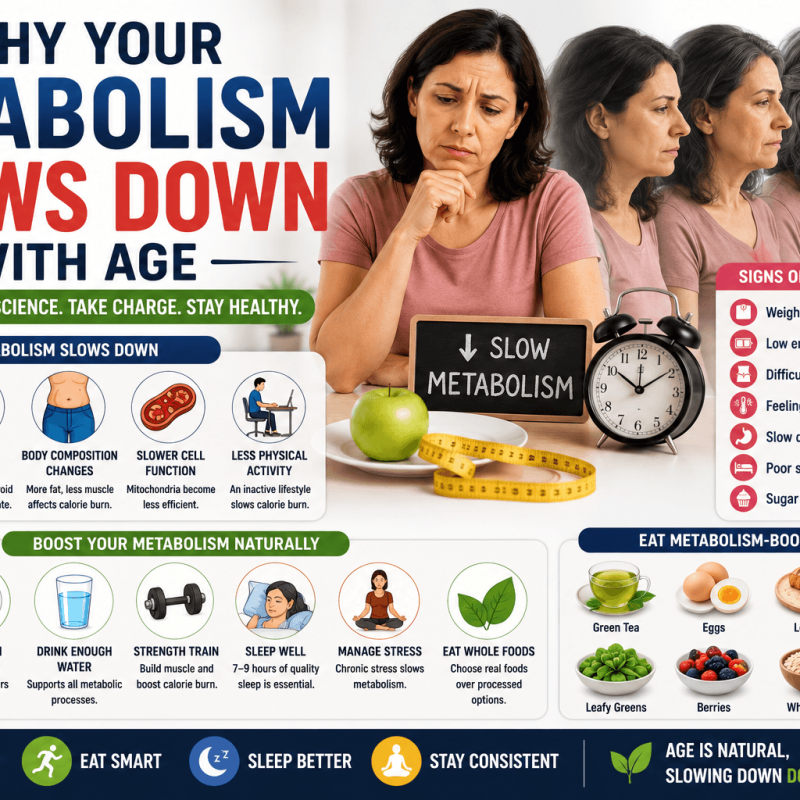 SEO-optimized infographic explaining why metabolism slows down with age, featuring muscle loss, hormonal changes, slower calorie burning, weight gain, fatigue, healthy foods, strength training, hydration, quality sleep, stress management, and lifestyle tips for maintaining metabolic health.