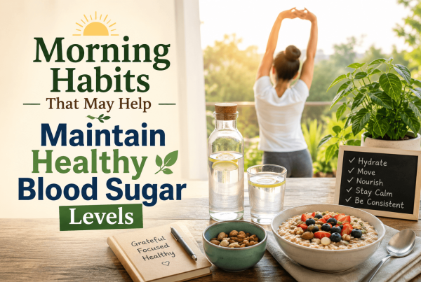 Healthy morning routine featuring a person stretching, a glass of water, a nutritious breakfast with oats, berries and nuts, and a checklist illustrating daily habits that may help maintain healthy blood sugar levels.
