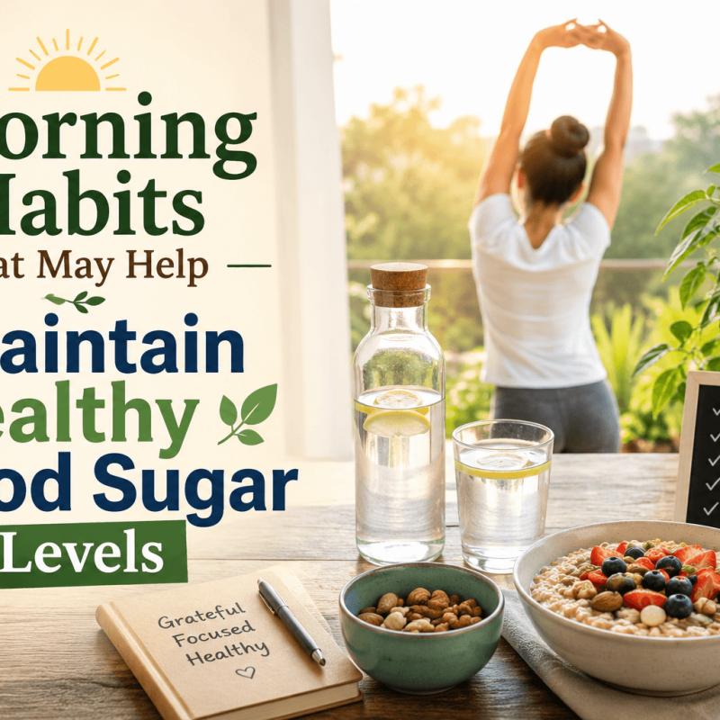 Healthy morning routine featuring a person stretching, a glass of water, a nutritious breakfast with oats, berries and nuts, and a checklist illustrating daily habits that may help maintain healthy blood sugar levels.