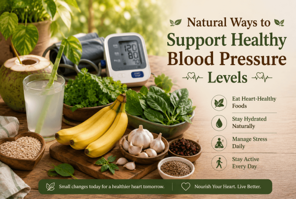 Natural flat lay of bananas, leafy greens, coconut water, garlic cloves, oats, and seeds on a wooden table with a blood pressure monitor in the background, illustrating everyday lifestyle choices that may help support healthy blood pressure levels.