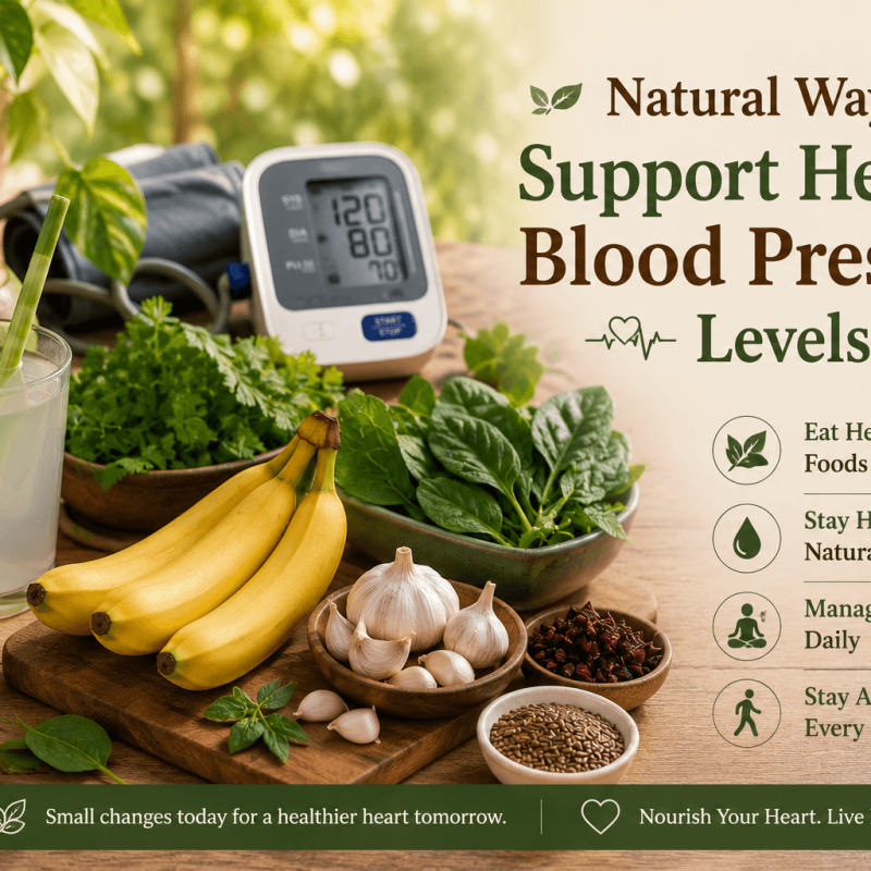 Natural flat lay of bananas, leafy greens, coconut water, garlic cloves, oats, and seeds on a wooden table with a blood pressure monitor in the background, illustrating everyday lifestyle choices that may help support healthy blood pressure levels.