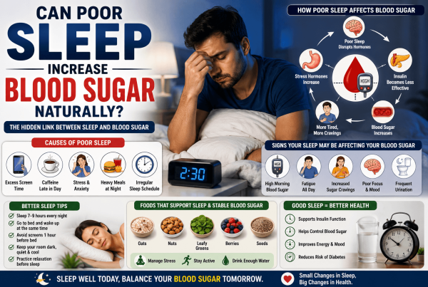 SEO-optimized infographic explaining how poor sleep increases blood sugar naturally, featuring disrupted sleep cycles, insulin resistance, stress hormones, blood glucose imbalance, warning signs, sleep hygiene tips, healthy foods, hydration, and lifestyle changes for better blood sugar management.