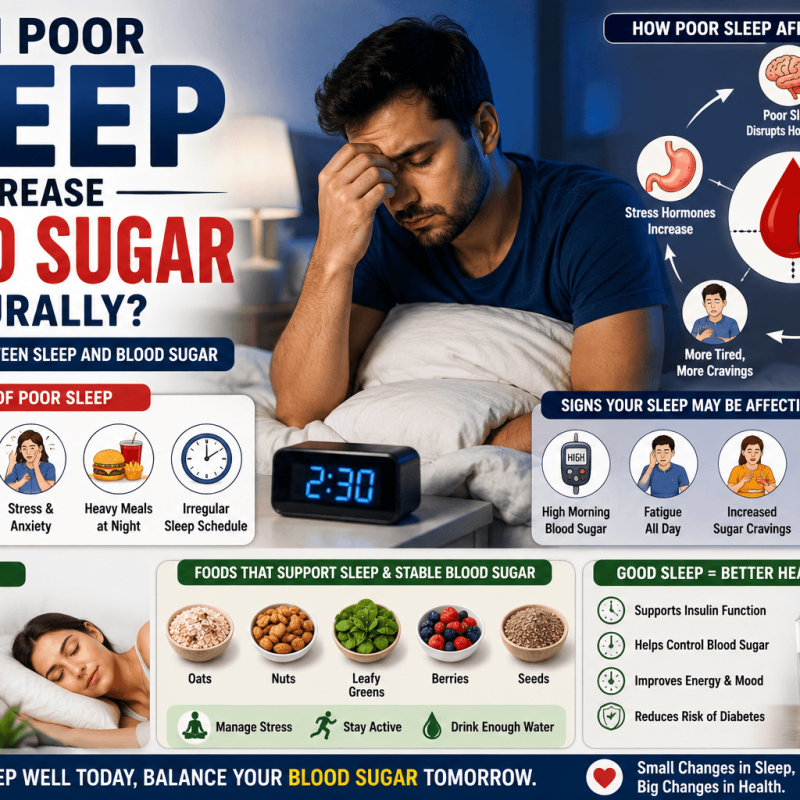 SEO-optimized infographic explaining how poor sleep increases blood sugar naturally, featuring disrupted sleep cycles, insulin resistance, stress hormones, blood glucose imbalance, warning signs, sleep hygiene tips, healthy foods, hydration, and lifestyle changes for better blood sugar management.