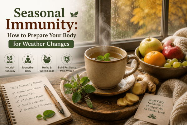 Steaming cup of Tulsi and ginger herbal tea near a window with seasonal weather outside, accompanied by fresh seasonal fruits in warm natural light, illustrating Ayurvedic-inspired self-care for supporting seasonal immunity during weather changes.