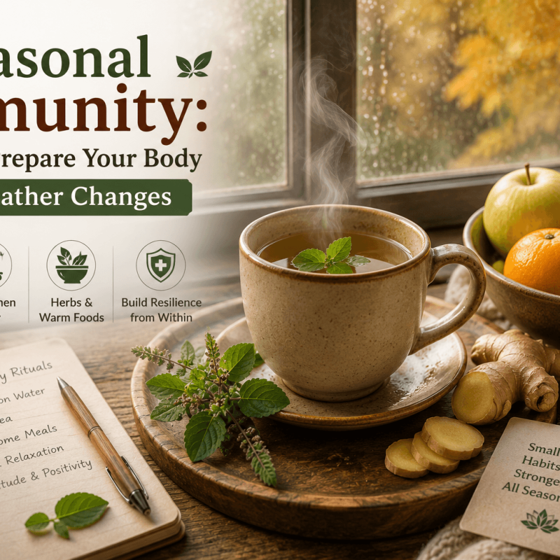 Steaming cup of Tulsi and ginger herbal tea near a window with seasonal weather outside, accompanied by fresh seasonal fruits in warm natural light, illustrating Ayurvedic-inspired self-care for supporting seasonal immunity during weather changes.