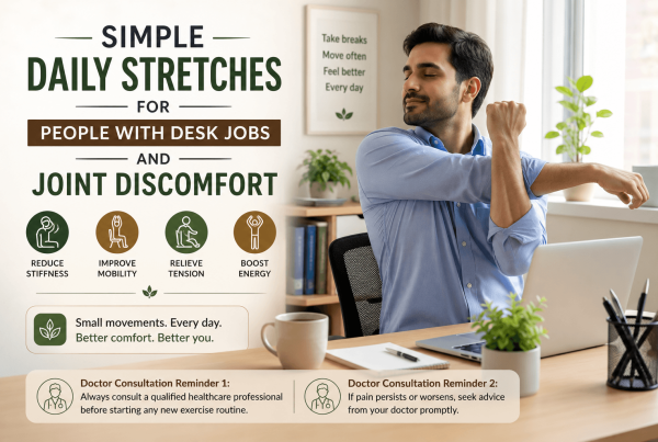 Office worker performing a seated upper-body stretch at a desk with a laptop and coffee cup in a bright workspace, illustrating simple daily stretches for desk jobs and everyday joint discomfort.