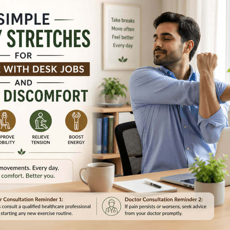 Office worker performing a seated upper-body stretch at a desk with a laptop and coffee cup in a bright workspace, illustrating simple daily stretches for desk jobs and everyday joint discomfort.