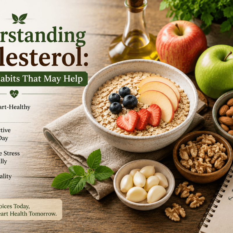 Flat lay of cholesterol-friendly foods including oats, almonds, walnuts, fresh apples, garlic, olive oil, and lemon water arranged on a rustic wooden table in natural light, illustrating healthy lifestyle habits that may help support healthy cholesterol levels.