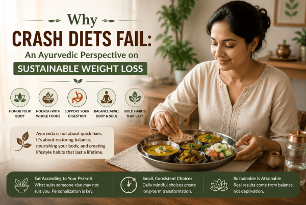 Person mindfully eating a balanced Indian thali with dal, sabzi, roti, and salad at a home dining table in warm natural light, illustrating the Ayurvedic perspective on sustainable weight loss and healthy eating habits.