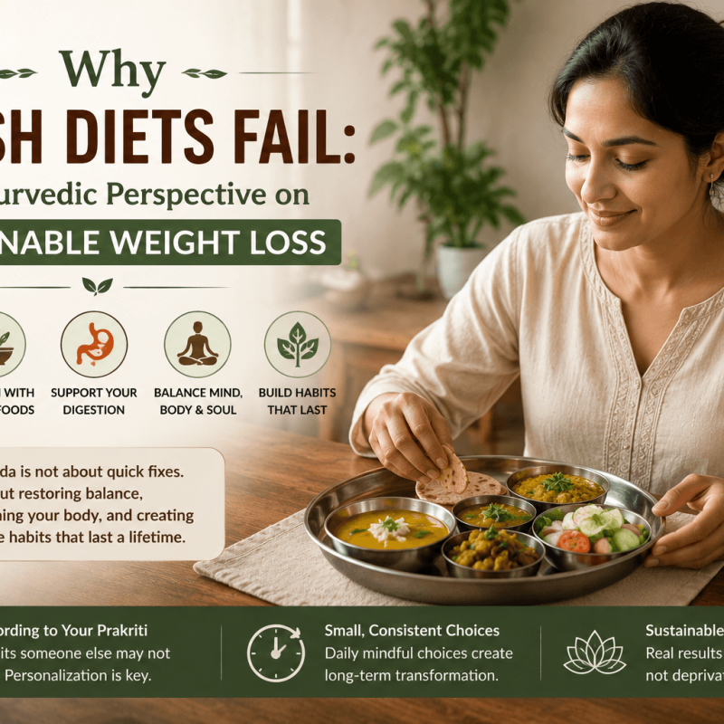 Person mindfully eating a balanced Indian thali with dal, sabzi, roti, and salad at a home dining table in warm natural light, illustrating the Ayurvedic perspective on sustainable weight loss and healthy eating habits.