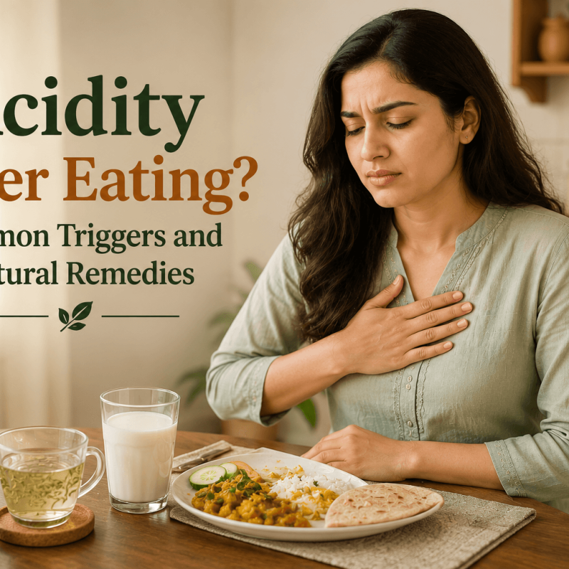 Person gently touching their chest while sitting at a dining table after a meal, with a glass of fennel water and milk nearby, illustrating acidity after eating and natural digestive relief.
