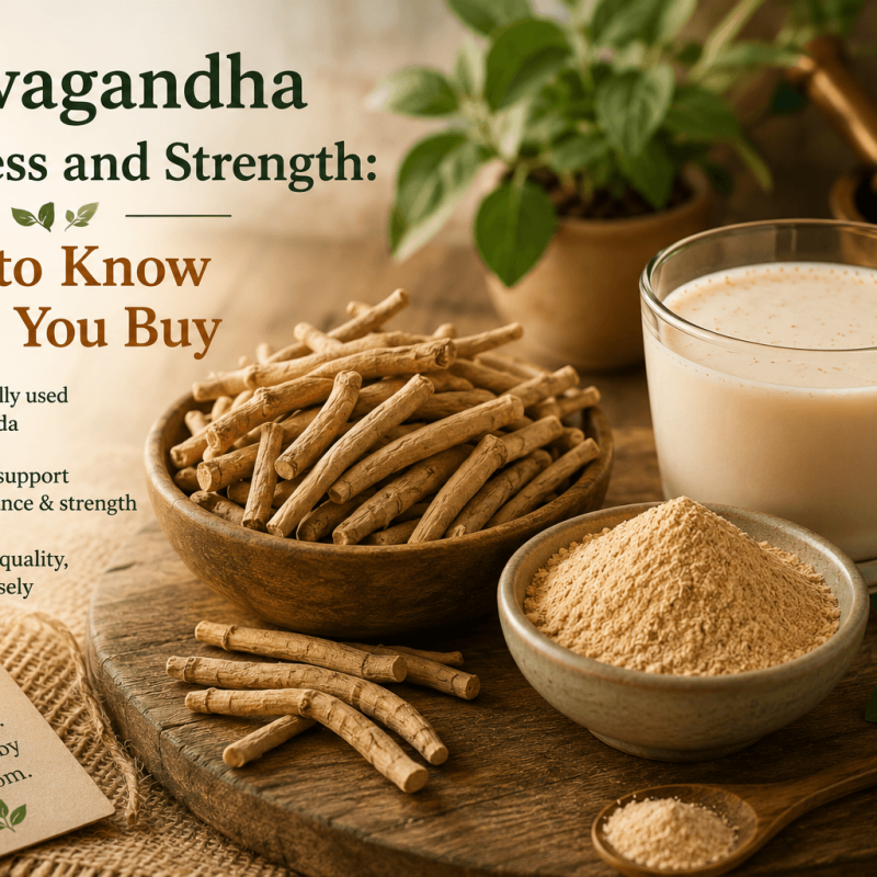 Dried Ashwagandha roots, Ashwagandha powder, and a glass of warm milk arranged on a wooden surface, illustrating traditional Ayurvedic use for stress and strength.