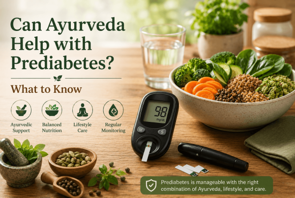 Blood glucose meter beside fibre-rich vegetables and whole grains on a kitchen table, illustrating Ayurveda, nutrition, and monitoring for prediabetes.