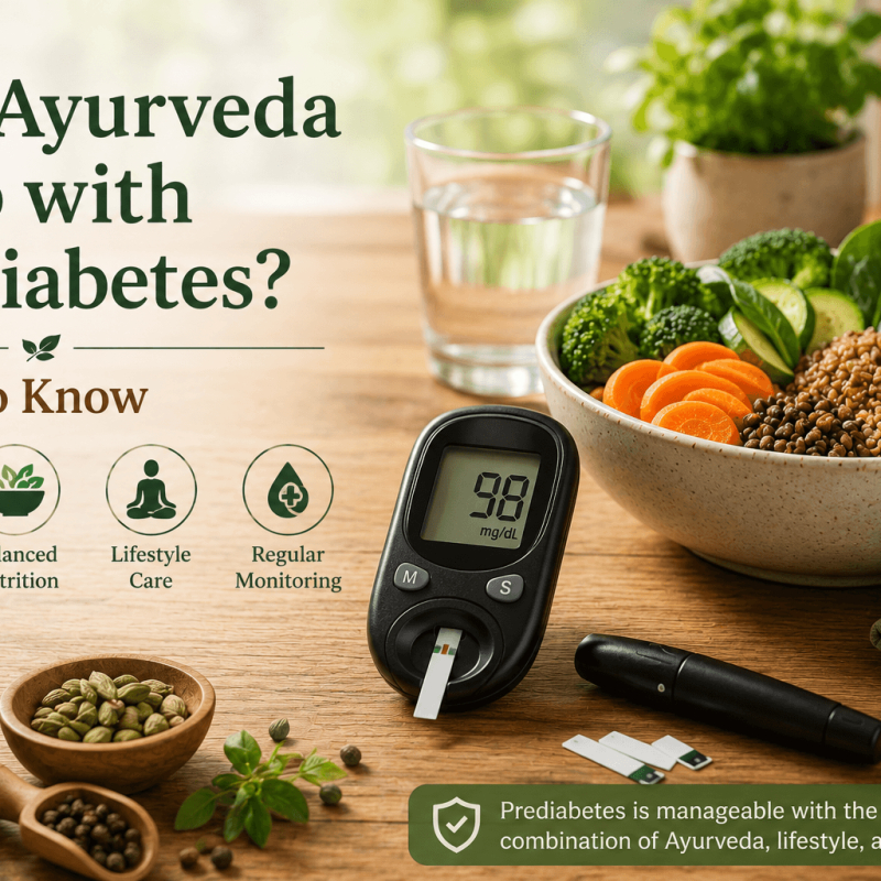 Blood glucose meter beside fibre-rich vegetables and whole grains on a kitchen table, illustrating Ayurveda, nutrition, and monitoring for prediabetes.