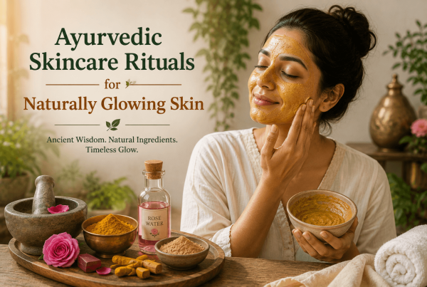 Person applying a turmeric-besan Ubtan face mask during an Ayurvedic skincare ritual, with turmeric, sandalwood powder, and rose water arranged on a wooden tray.