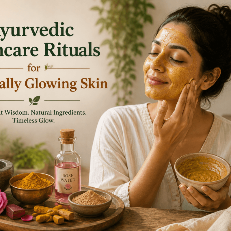 Person applying a turmeric-besan Ubtan face mask during an Ayurvedic skincare ritual, with turmeric, sandalwood powder, and rose water arranged on a wooden tray.