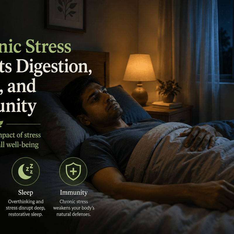 Person lying awake in bed at night with a hand resting on the stomach, illustrating the effects of chronic stress on digestion, sleep, and immunity.