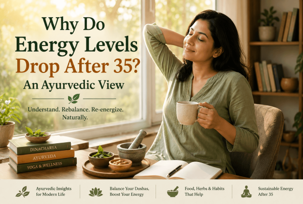 Woman in her 30s or 40s stretching by a sunny window while holding tea, with Ayurvedic herbs and wellness books nearby, illustrating energy and wellbeing after 35.