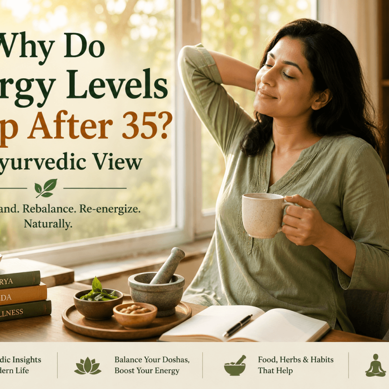 Woman in her 30s or 40s stretching by a sunny window while holding tea, with Ayurvedic herbs and wellness books nearby, illustrating energy and wellbeing after 35.