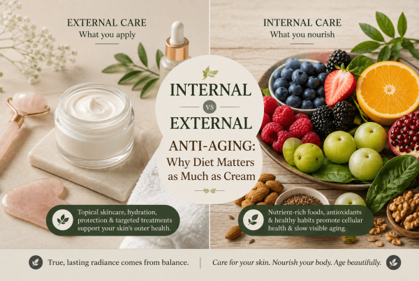 Split flatlay showing a natural face cream and skincare tools on one side, with antioxidant-rich foods including berries, amla, citrus fruits, nuts, and seeds on the other, illustrating the relationship between diet and skincare for healthy aging.