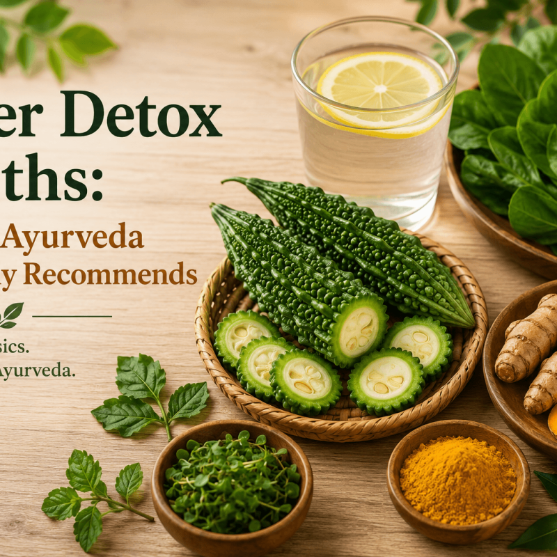 Flatlay of bitter gourd, turmeric root, leafy greens, and a glass of warm lemon water on a wooden table, illustrating Ayurvedic recommendations for liver health and natural nutrition over detox myths.