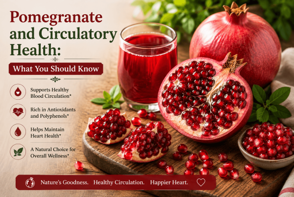 Close-up of a halved pomegranate with ruby-red seeds spilling onto a wooden board beside a glass of fresh pomegranate juice in natural daylight, illustrating pomegranate and circulatory health as part of a healthy, balanced diet.