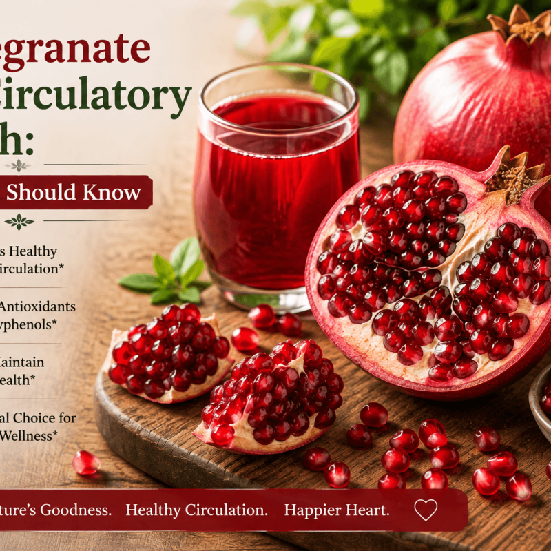 Close-up of a halved pomegranate with ruby-red seeds spilling onto a wooden board beside a glass of fresh pomegranate juice in natural daylight, illustrating pomegranate and circulatory health as part of a healthy, balanced diet.