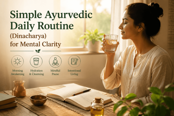 Person sitting by a sunny window with warm water and a journal as part of a simple Ayurvedic Dinacharya morning routine for mental clarity.