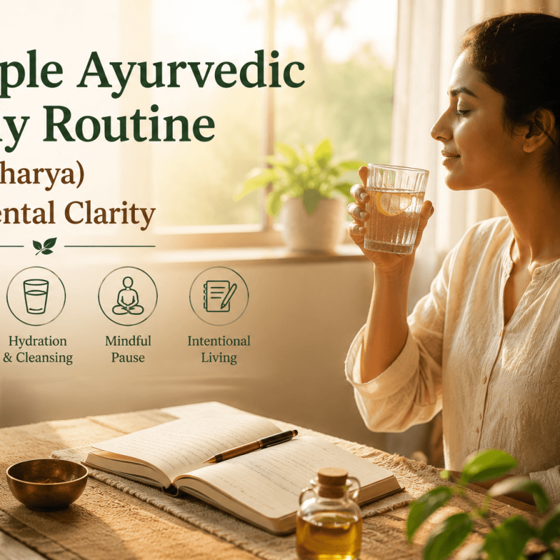 Person sitting by a sunny window with warm water and a journal as part of a simple Ayurvedic Dinacharya morning routine for mental clarity.