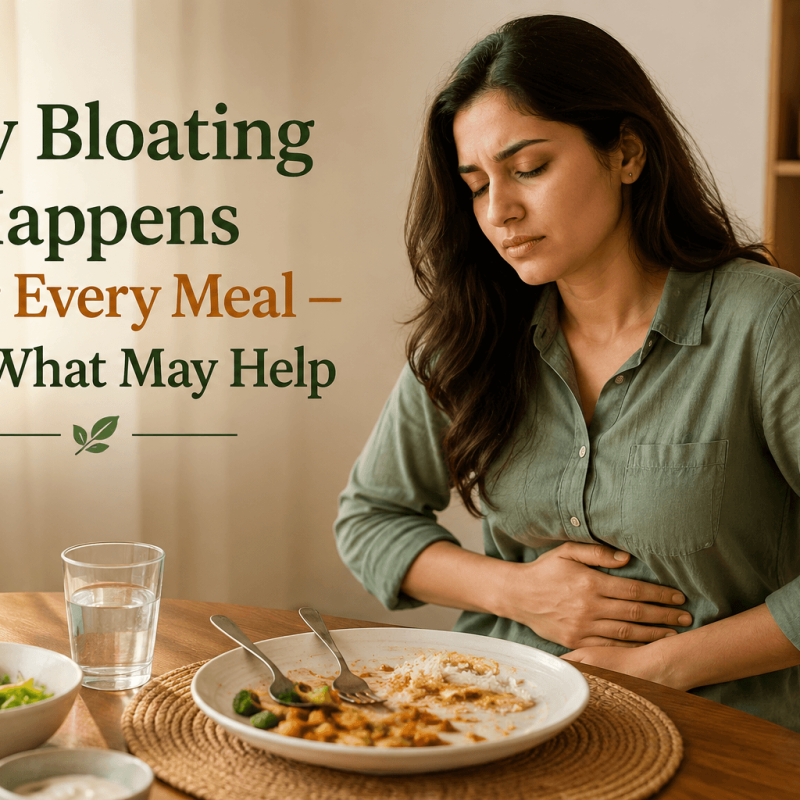 Person gently holding their stomach while sitting at a dining table with a half-finished meal, illustrating bloating after eating and everyday digestive discomfort.