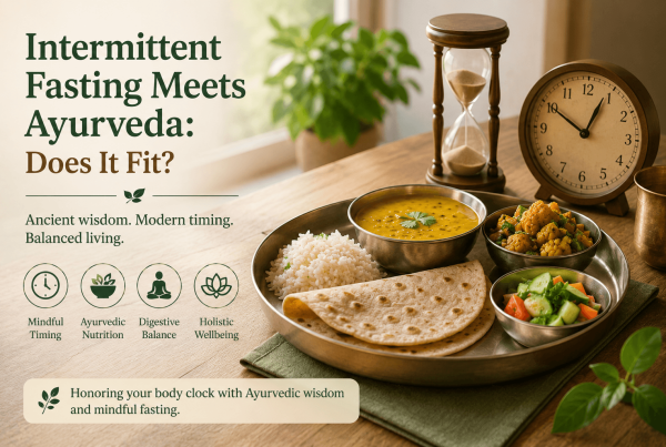Intermittent fasting and Ayurveda shown through a midday meal and clock